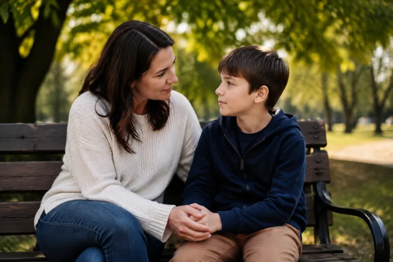 Illustrative scene of a parent reassuring a child on a park bench