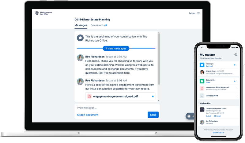 Example Clio for Clients portal displayed on a laptop and phone