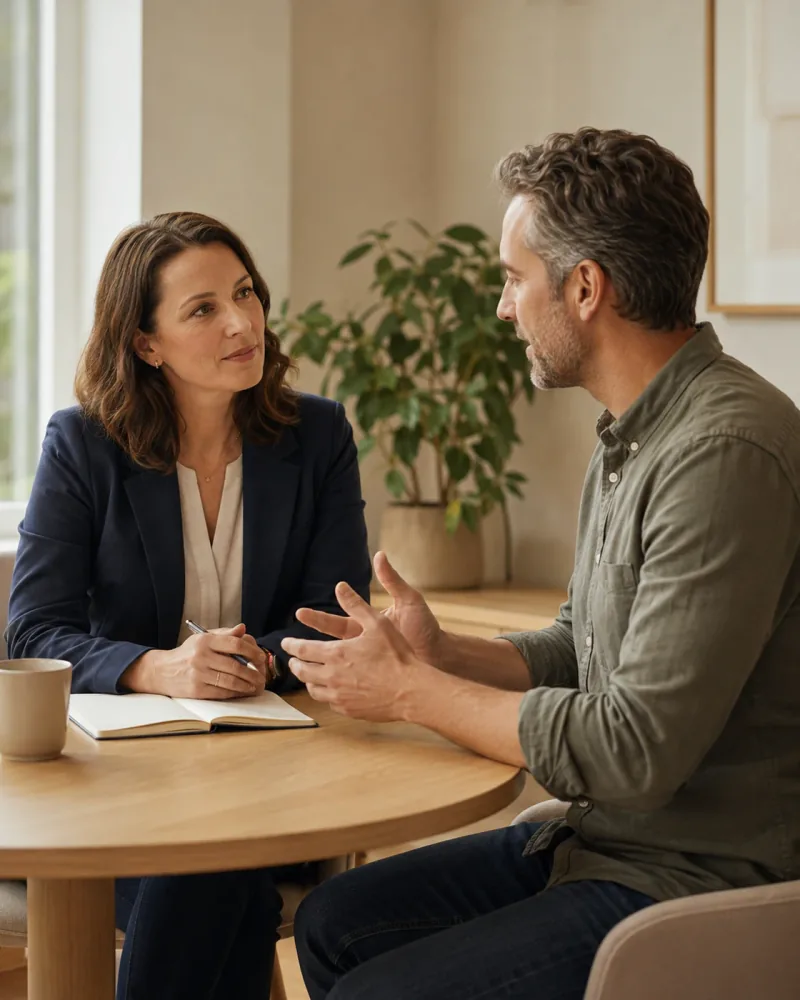 Illustrative scene of a lawyer listening during a first conversation