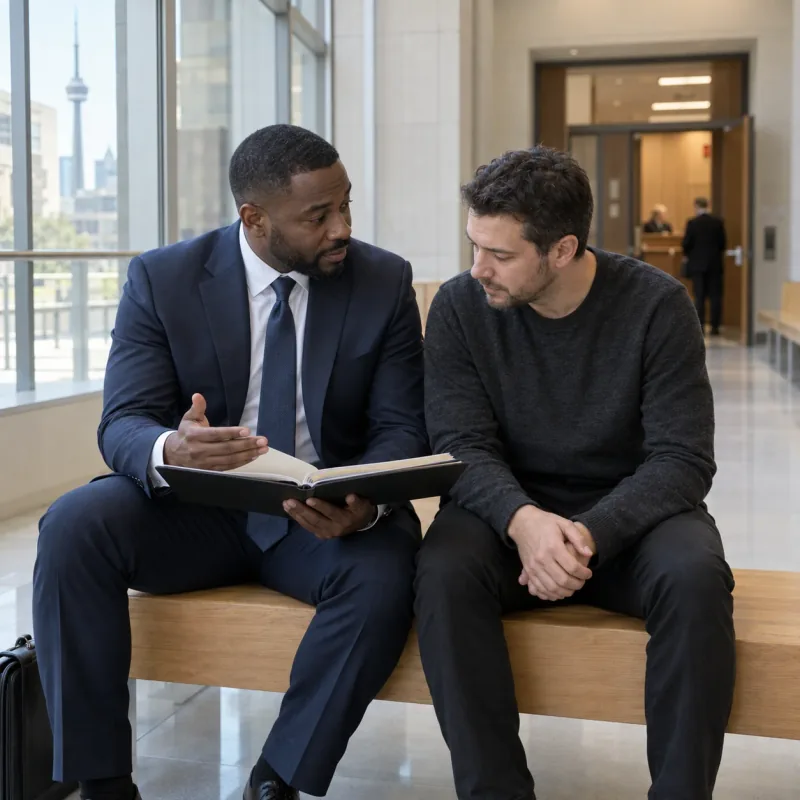 Illustrative scene of a defence lawyer and client reviewing a case folder at a courthouse