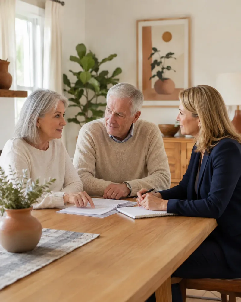 Illustrative scene of an older couple discussing plans with a lawyer