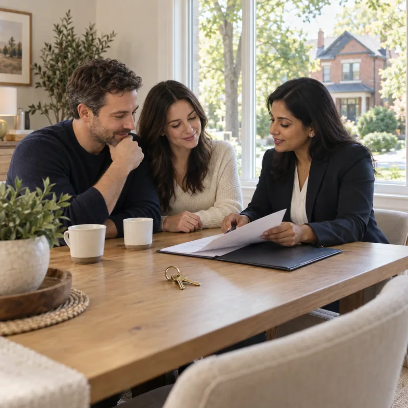 Illustrative scene of a couple reviewing home closing documents with a lawyer