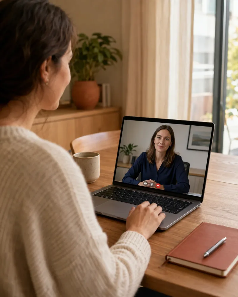 Illustrative scene of a client consulting a lawyer by video from home