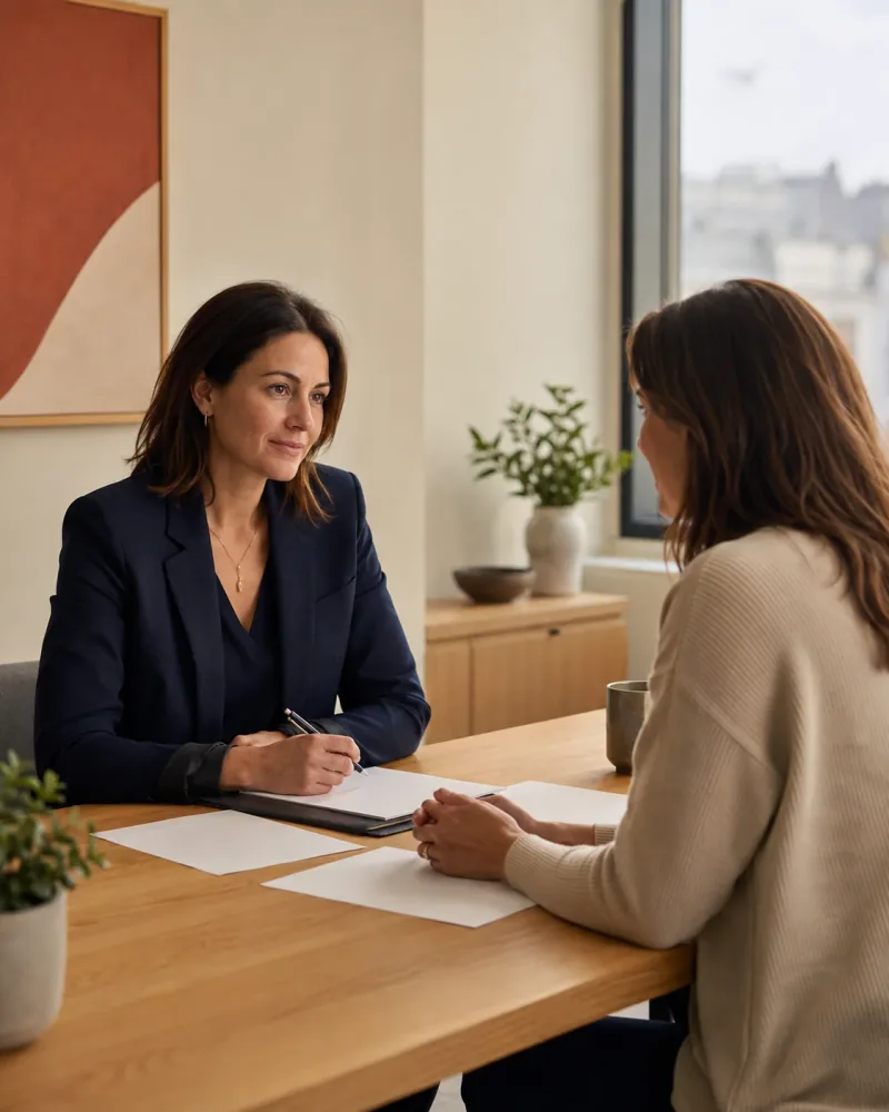 Illustration d’un avocat écoutant un client en consultation